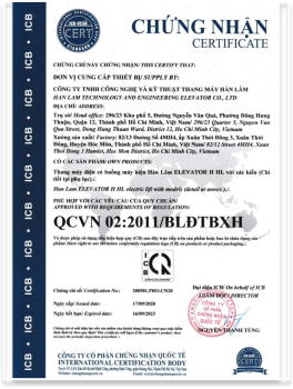 CHỨNG NHẬN - CERTIFICATE Cho Thang Máy Có Phòng Máy